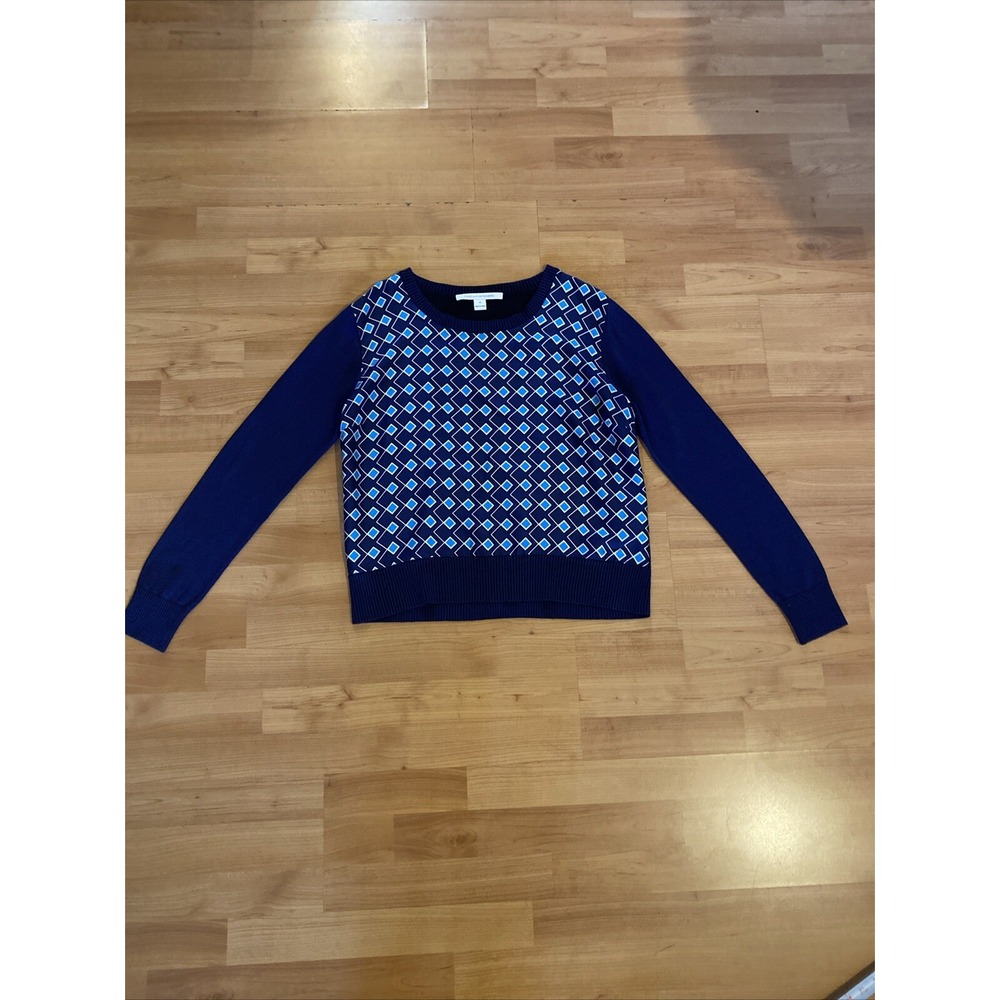 DIANE VON FURSTENBERG Sweater Silk Size M Navy Blue Pullover Classic Preppy - Picture 7 of 16